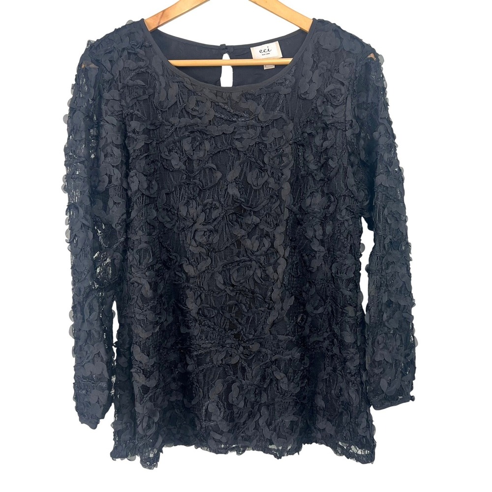 ECI Black Floral 3D Applique Lace‎ Mesh Blouse Top sz L Whimsigoth Dark Feminine